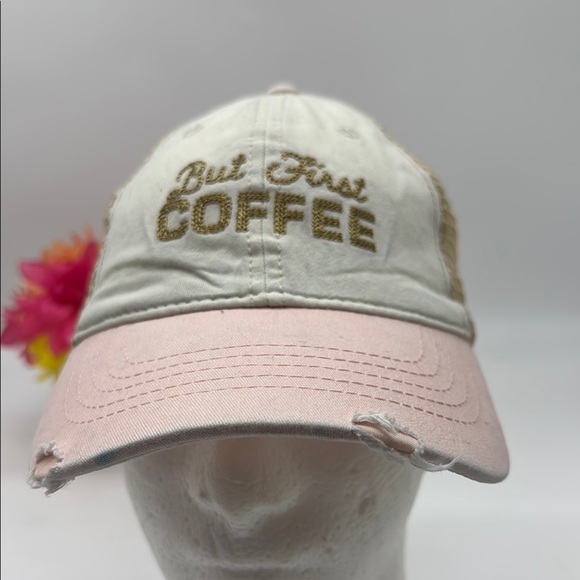 Accessories - Pink and White Dostressed Coffee Slogan Cap HT7721F
